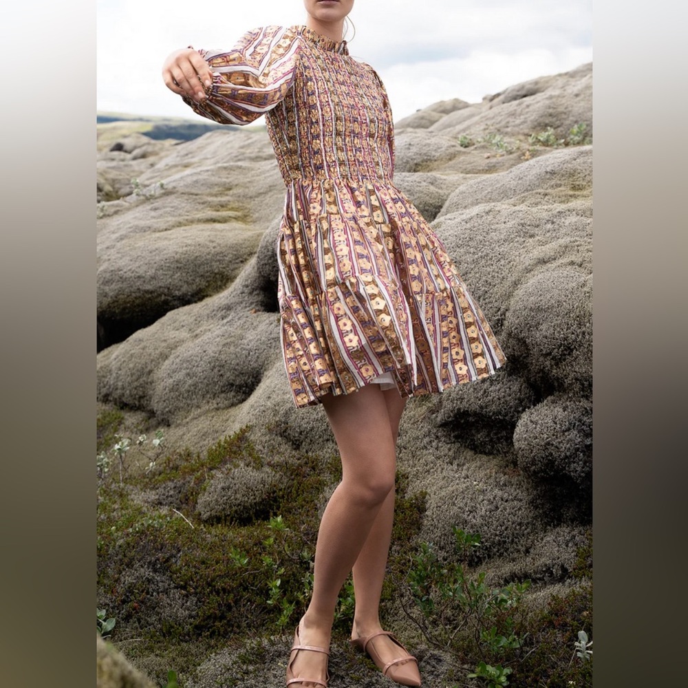 NWT XL Oliphant Smocked Flirty 3/4 Sleeve Dress in Petal Olive XL